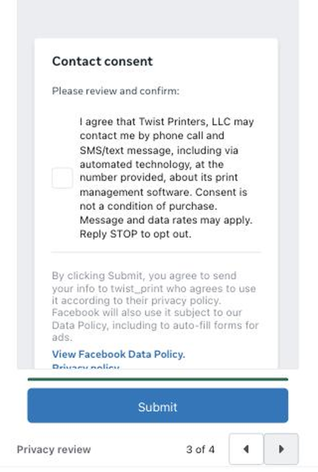 Lead form consent step with required SMS consent checkbox
